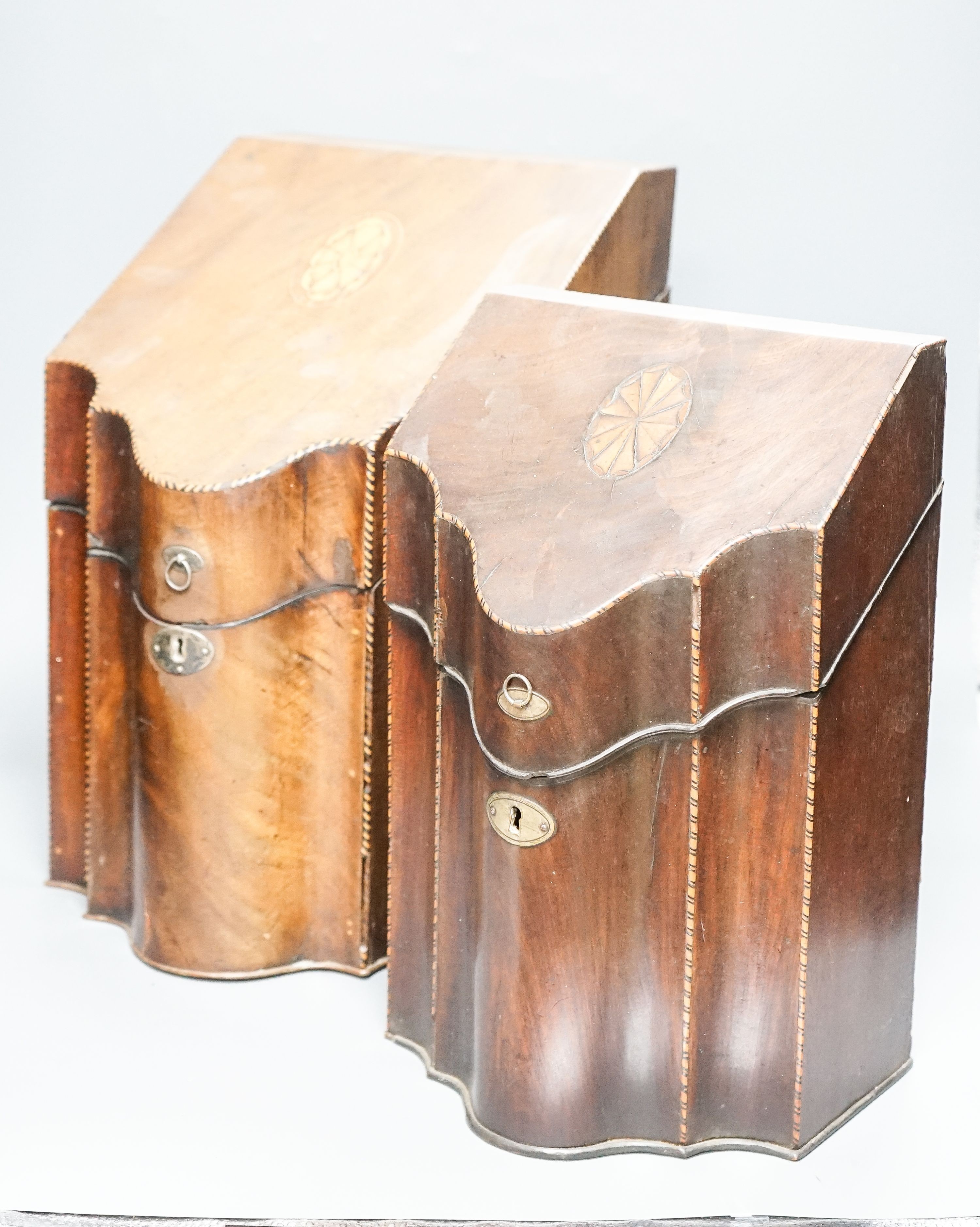 Two George III inlaid mahogany knife boxes (larger converted to a stationery box) 38cm
